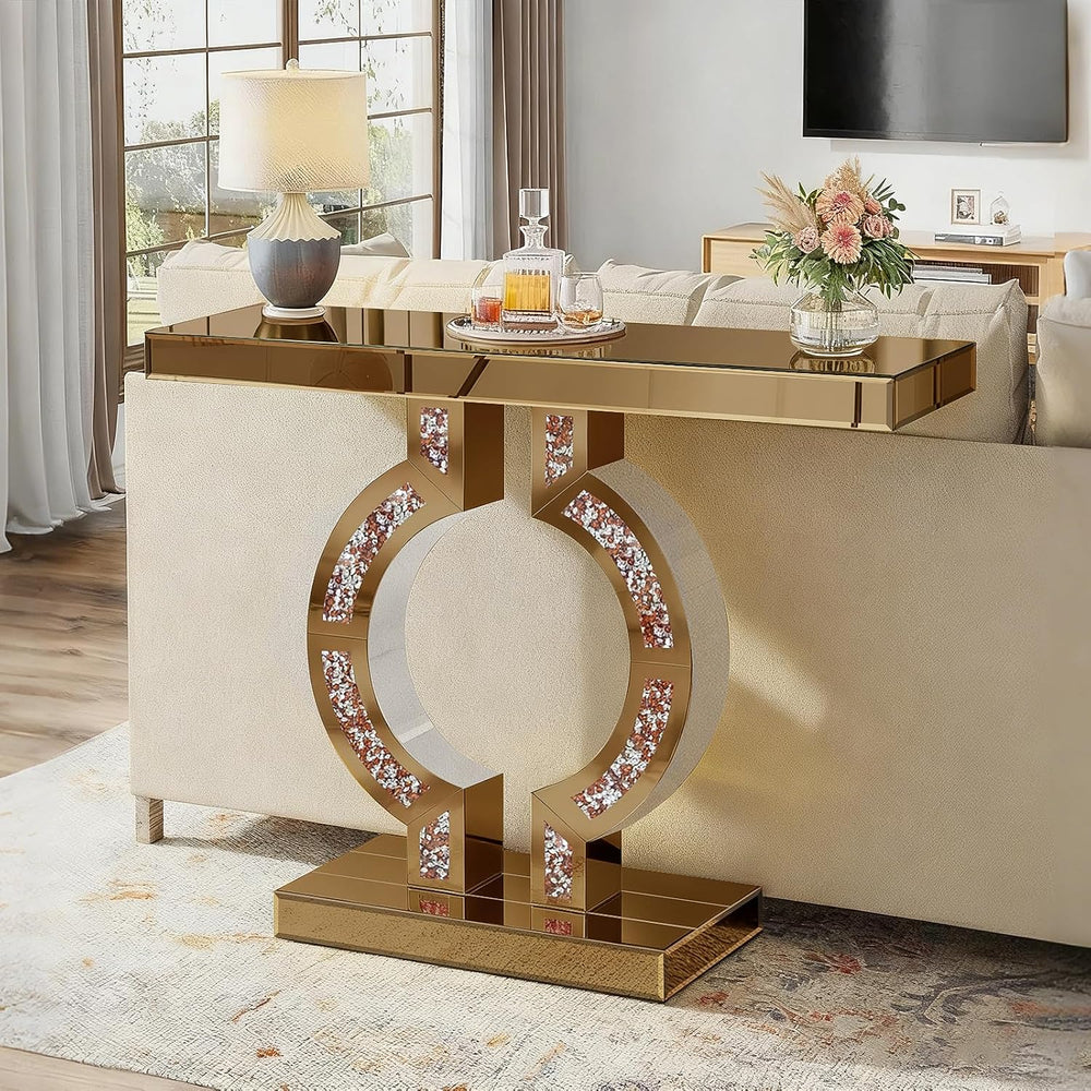 Tea-Colored Mirrored Console Table with Crushed Diamond Inlay, 39.4''...