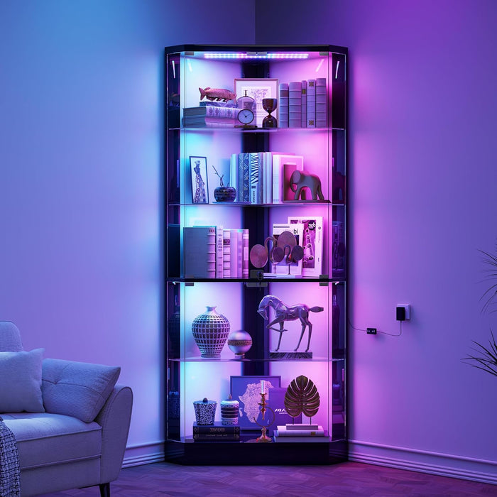 Lvifur Corner Display Cabinet with RGB Lights,5-Tiers Curio Cabinet Display Case with Lock,69" Tall Showcase Display Shelf for Collectibles, Living Room Bookcase Glass Display Cabinet,Black