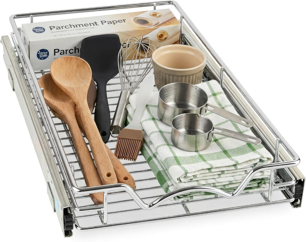 HOLDN’ STORAGE Pull Out Cabinet Organizer, Heavy Duty Caddy w/Lifetime Limited Warranty - 8”W x 21”D - Requires At Least 9-1/4” Cabinet Opening, Steel Metal Cabinet Drawers Slide Out, Chrome