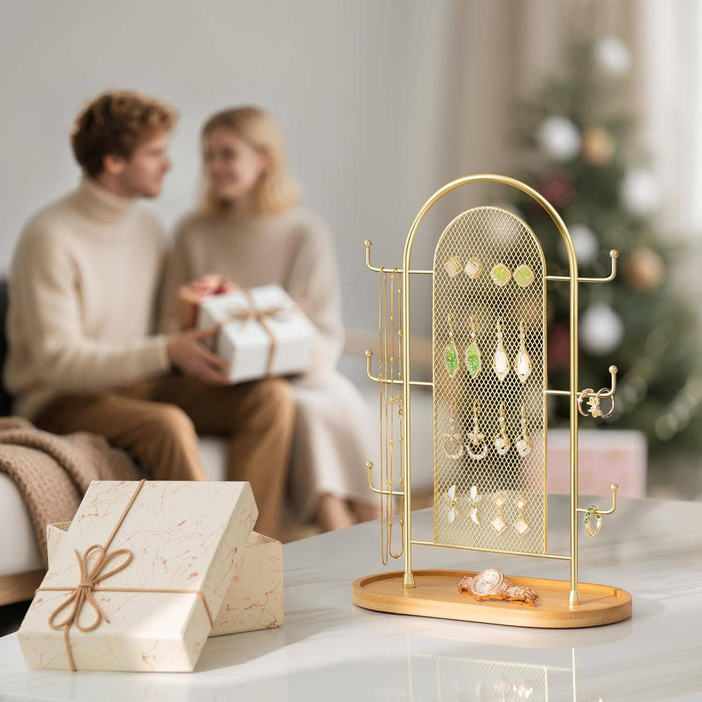 Jewelry Display Earring Stand Gold Organizer Earring StorageTree Jewelry Rack Towers with 6 Hooks 300 Stud Holes Wood Tray for Necklaces Bracelets Ring