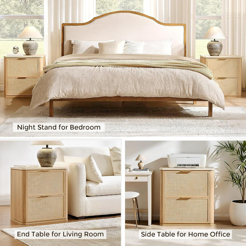 NightStand Set of 2, 23.11" W Rattan Nightstand with 2 Drawers, Faux Mar...