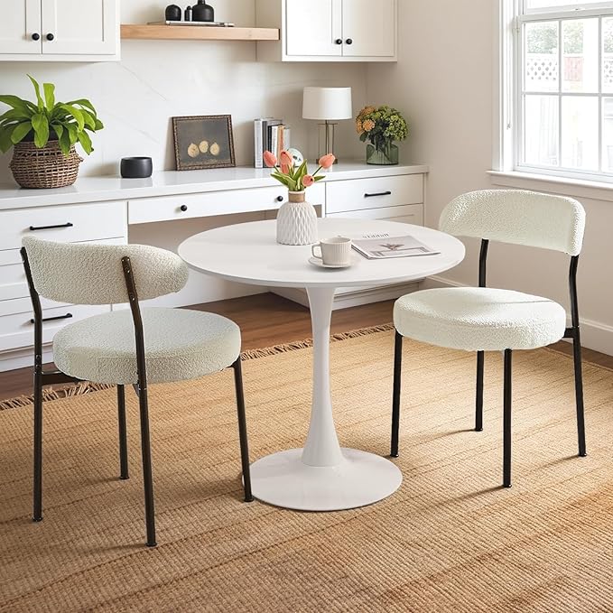 SoarFlash Kitchen Table and Chairs for 2, 31.5" Dining Table Set for 2 with Boucle Upholstered Chairs, 3 Piece Round Kitchen Table Set, Dining Room Table Set for Small Space, Apartment, Beige/White