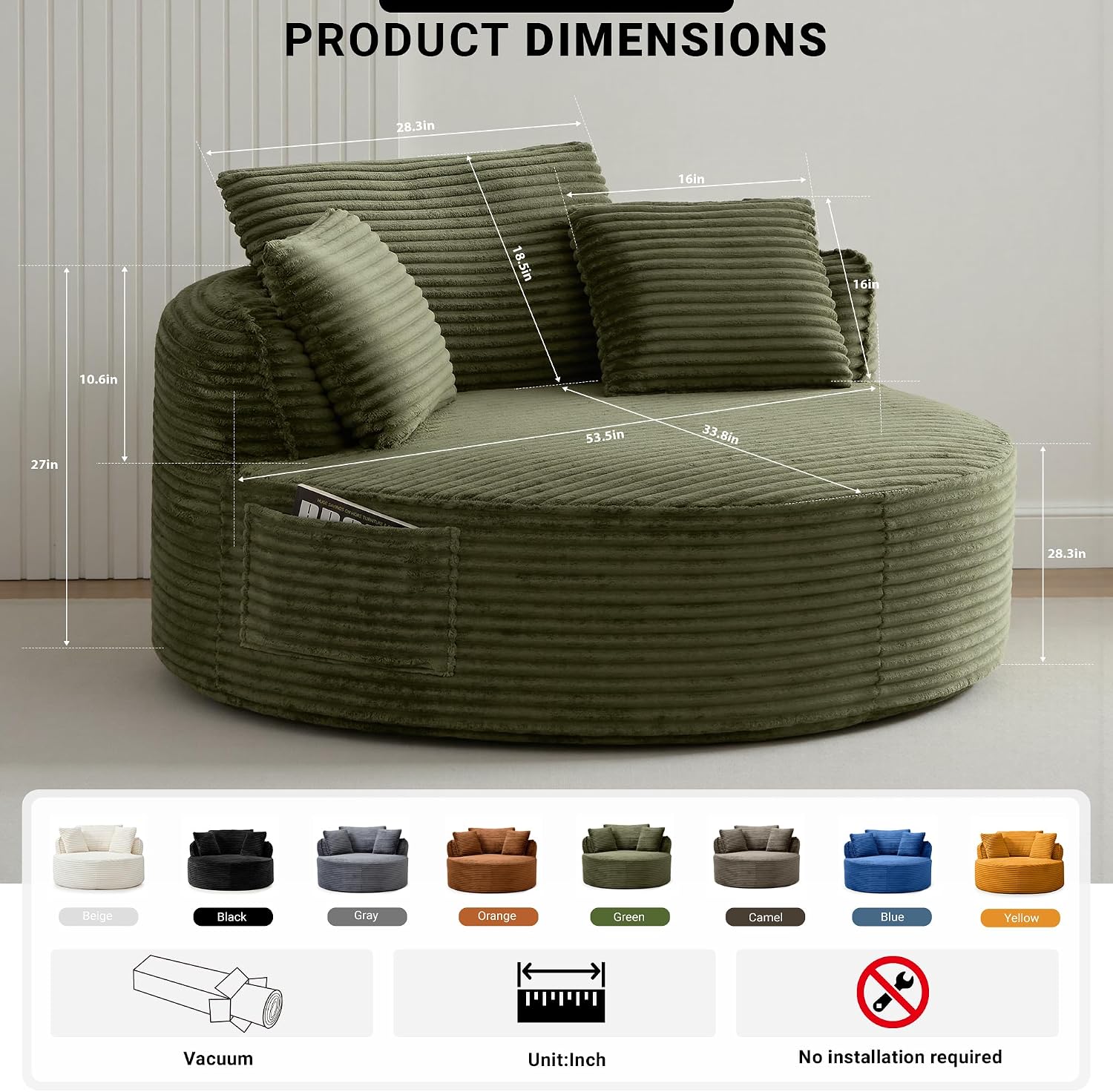 ivoros Oversized Round Lounge Chair Indoor, Corduroy Upholstered Deep Seat Cloud Circle Sofa Chair, Fluffy Boneless Sleeper Chair for Reading & Lounging, No Assembly Required (Green)