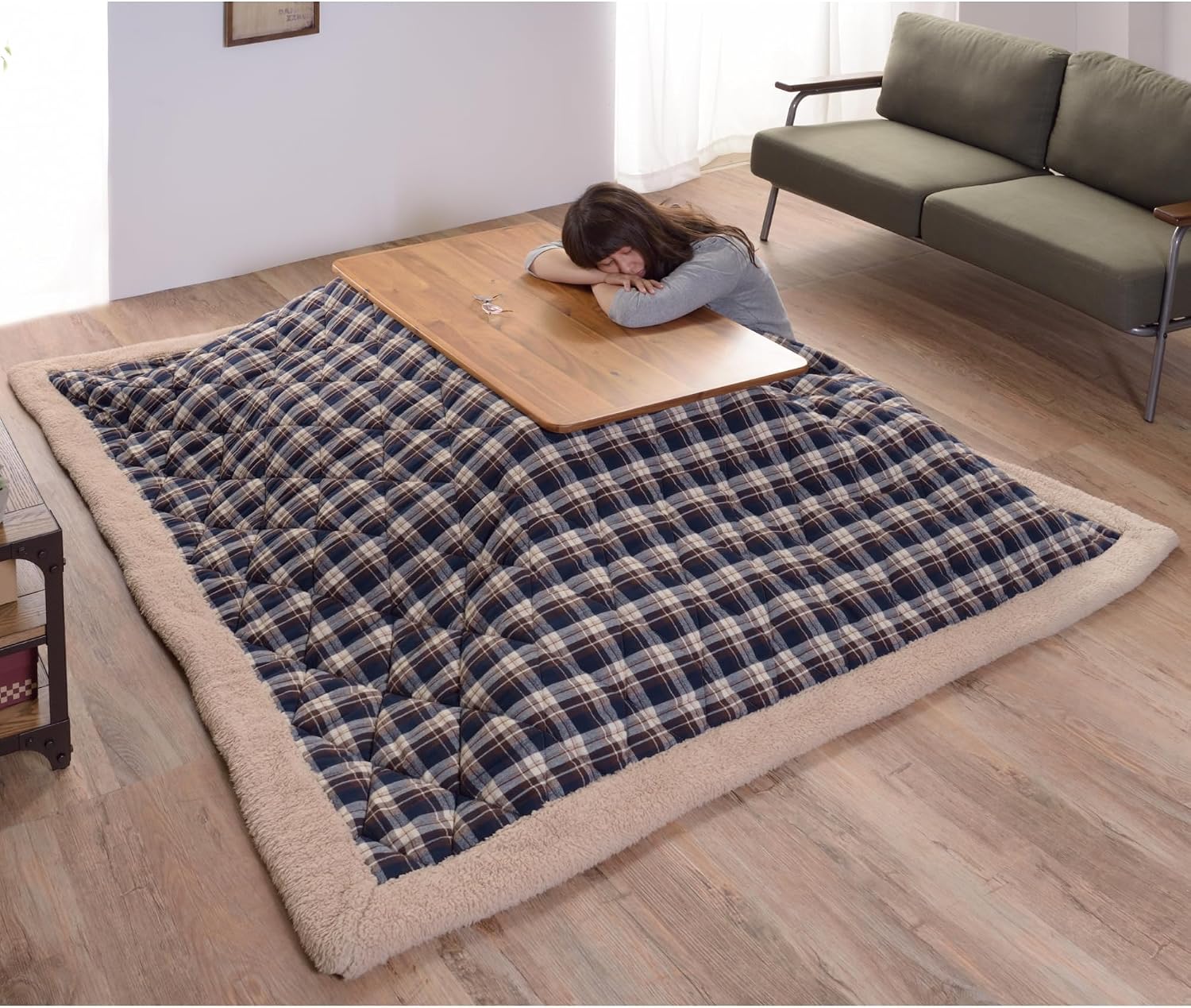 AZUMAYA Kotatsu Futon Comforter Square Shape W75 x D75 Inches, Polyester Fabric Material, Home and Living, Navy Checked Design KK-103BL, This Order Comes only Futon Comforter