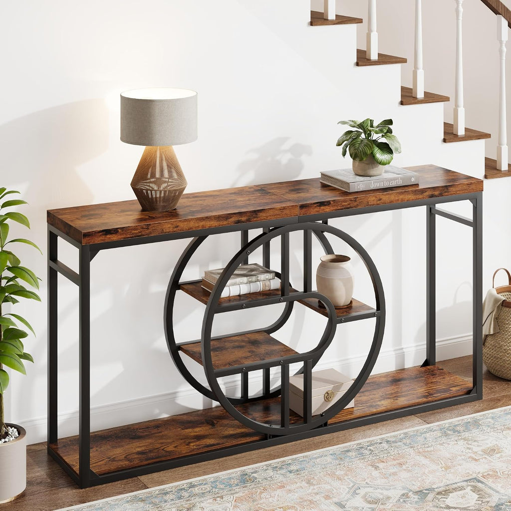 GAOMON 55 Inch Industrial Narrow Console Table, 5-Tier Entryway Table with O-Shaped Metal Frame, Extended Storage Sofa Table for Hallway, Entrance, Living Room