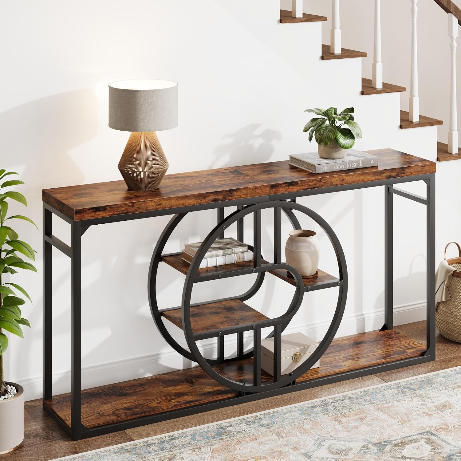 GAOMON 55 Inch Industrial Narrow Console Table, 5-Tier Entryway Table with O-Shaped Metal Frame, Extended Storage Sofa Table for Hallway, Entrance, Living Room