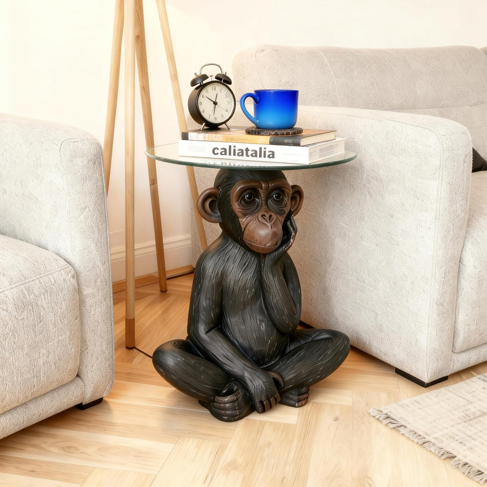 Animal Resin Side Table, Monkey Base Glass Top Side Table, Art Deco Style, Su...