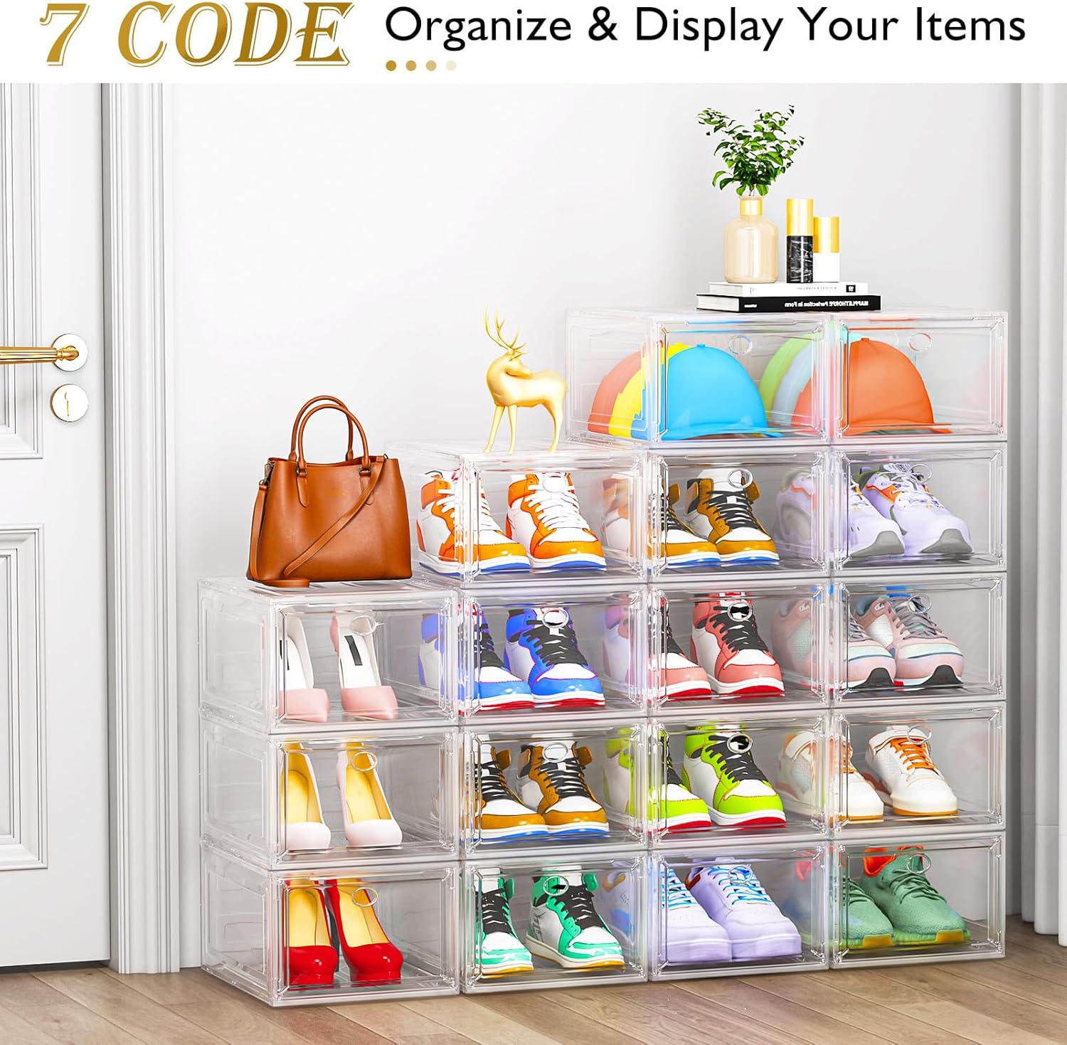 Thicken & Sturdy Clear Shoe Storage Organizer with Magnetic Door, Stackable Boxes for Closet, Foldable Space-Saving Shoe Rack for Sneaker Boot Container, Plastic Shoe Cabinet Shoe Box 6 Pack, White
