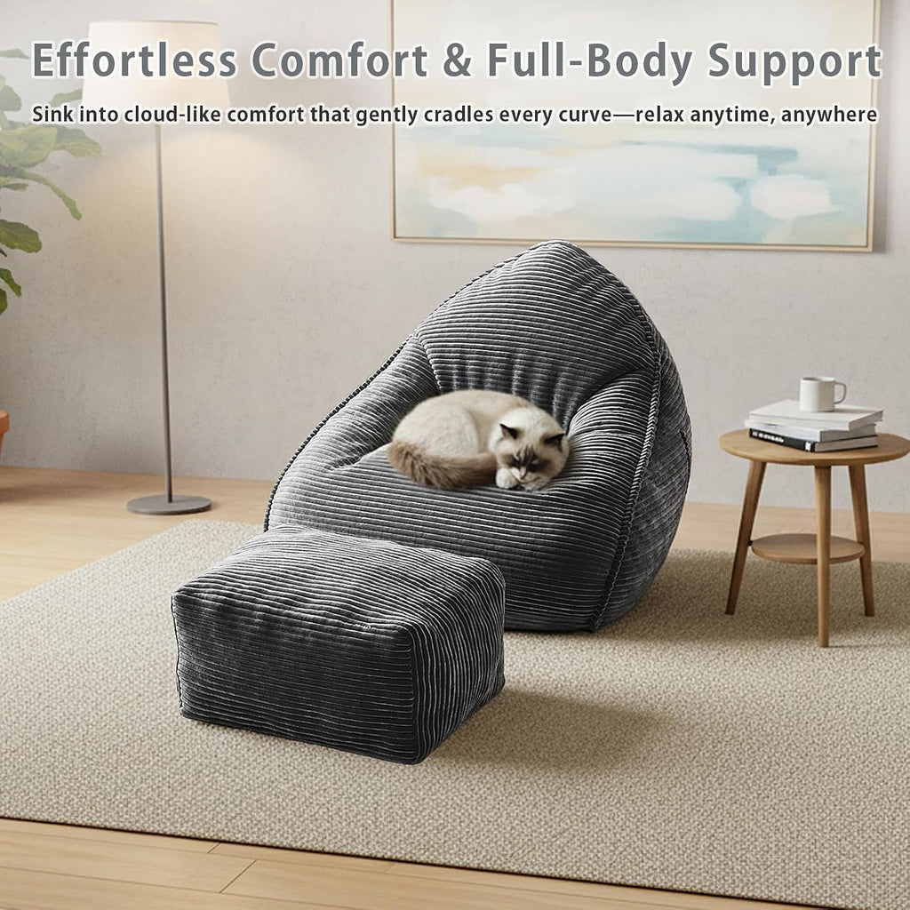 Bean Bag Chair with Ottoman, Bean Bag Sofa,Accent Chairs,Corduroy Fabric, Comfortable Reading Chairs for Living Room, Bedroom, Reading Nook,Modern Lounge Reclining Chair with Footrest (GRAY, Medium)