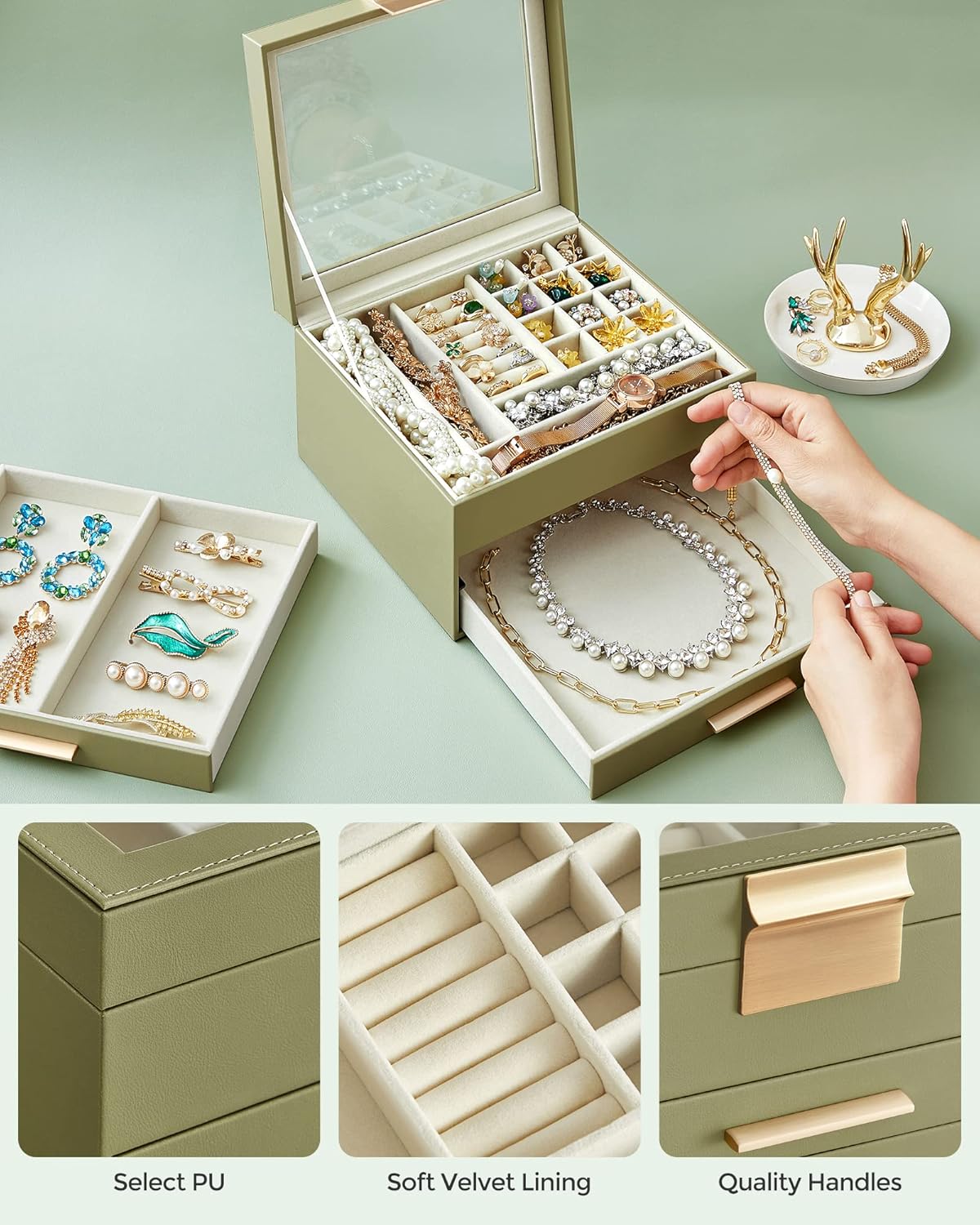 SONGMICS Jewelry Box Organizer with Glass Lid, 3-Layer Jewelry Storage, with 2 Drawers, Modern Style, Christmas Gift, 8 x 9.1 x 5.3 Inches, Avocado Green and Gold Color UJBC239C02