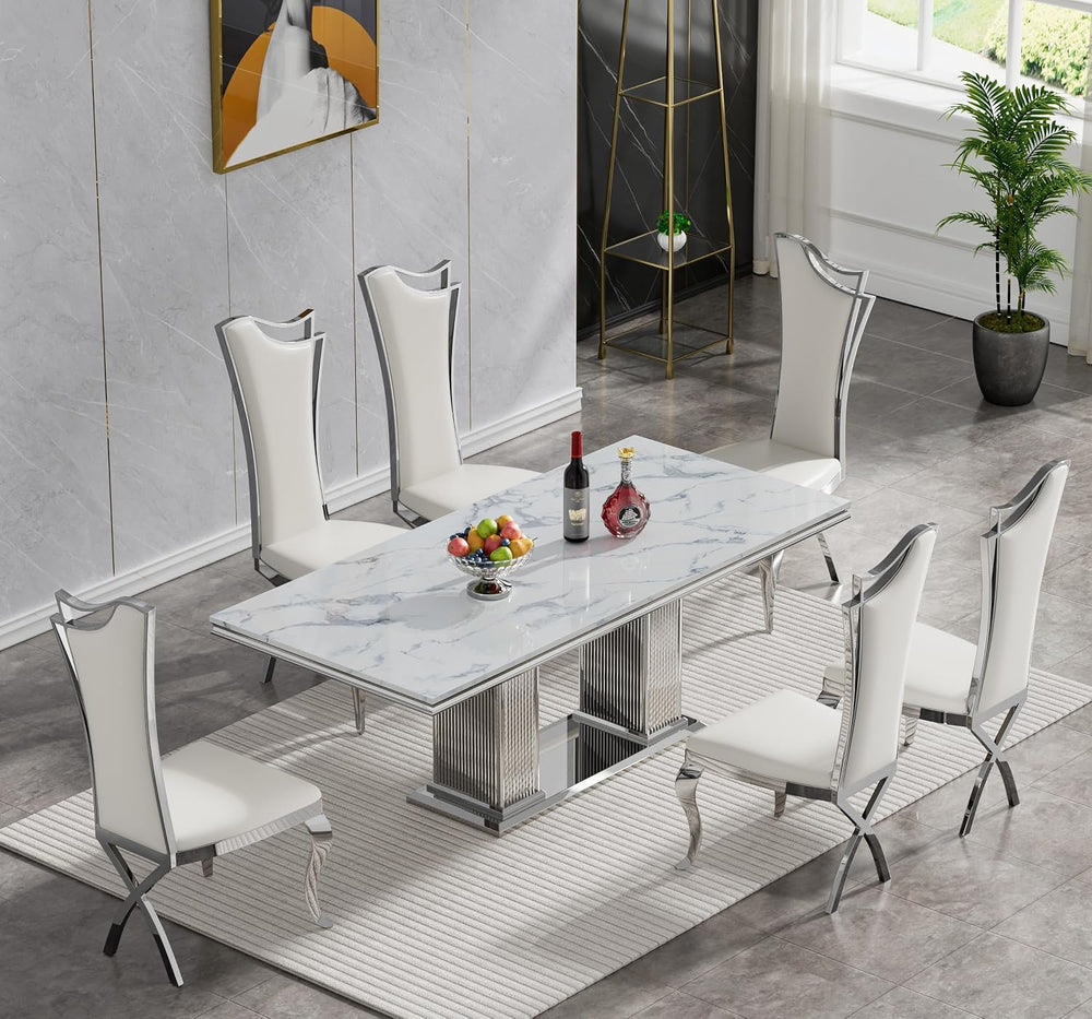 68 in Faux Marble Dining Table for 4-6, White Marble Dining Table with Silver...
