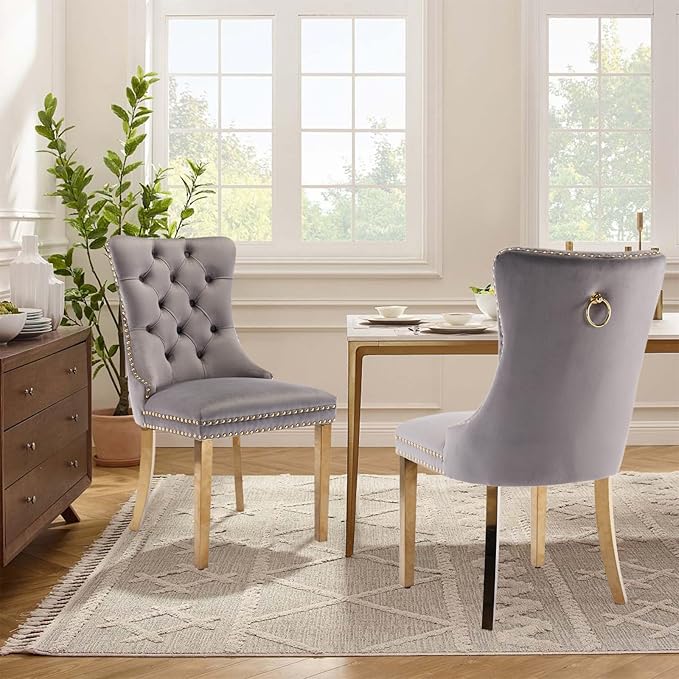 Velvet Upholstered Dining Chairs Set of 2, Modern Style Kitchen Side Chairs with Nailhead Trim and Gold Plated Leg, Metal Pulling Ring for Dining Room Living Room(Gery-Gold Plated Leg)