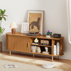 DHH 63 Inch Mid Century Modern TV Stand with Power Outlet for TVs up to 70 Inch, Entertainment Center with Storage and Adjustable Shelves, Media Console with Sliding Doors for Living Room(Yellow)