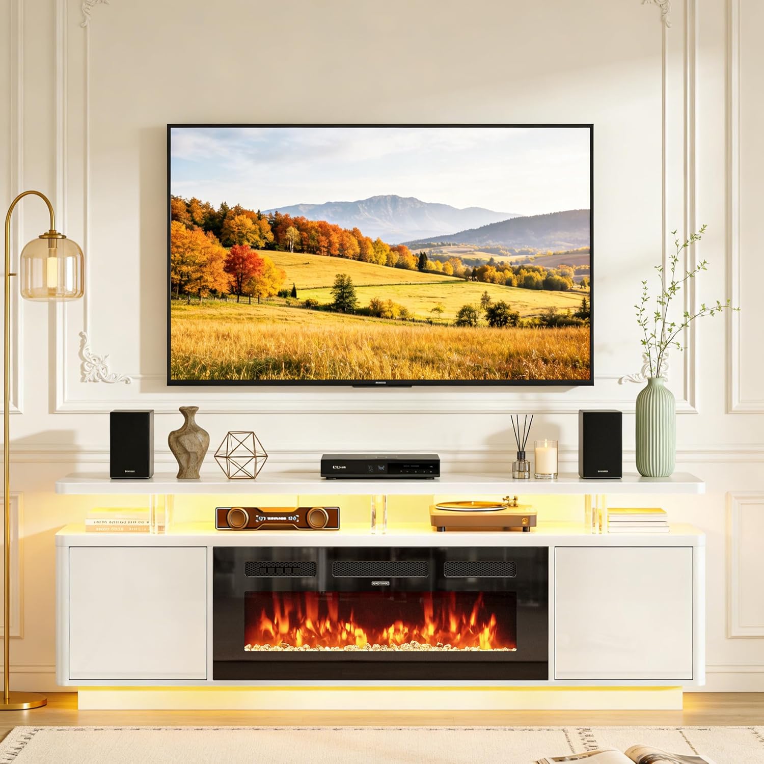 oneinmil 70" White Fireplace TV Stand for Living Room, Electric Fireplace Entertainment Center with Dual LED Lights & Storage Cabinets, Fits TVs up to 80", Media Console for Home Office, White