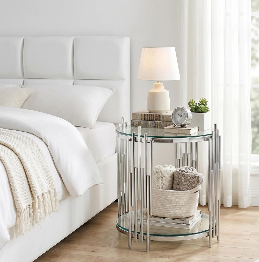 19.69” Round Glass End Table, 2-Tier Side Table with Clear Tempered Glass Top...