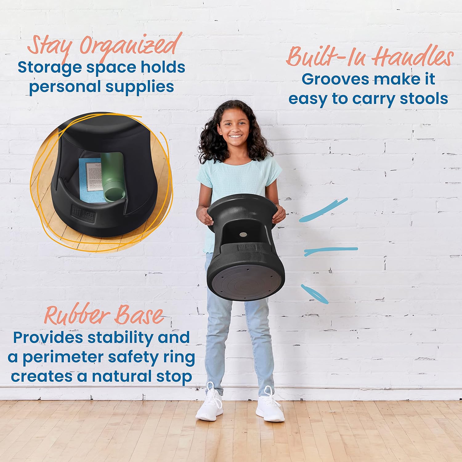 ECR4Kids Active Storage Wobble Stool, 15in Seat Height, Children's Furniture, Black