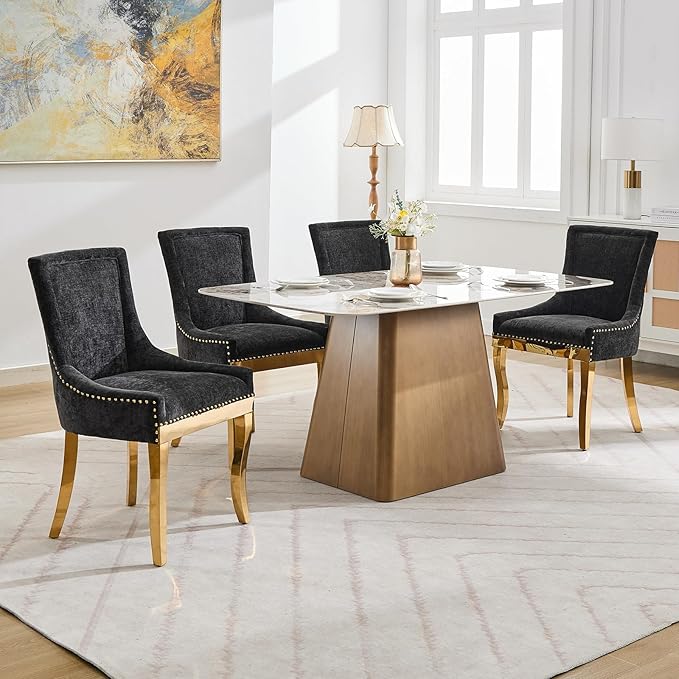 Dining Chairs Set of 4, Kitchen & Dining Room Chairs, Chenille Fabric Upholstered Dinning Chairs, Sillas De Comedor, Nailhead Trim, Metal Legs (Black, 4 Pcs)