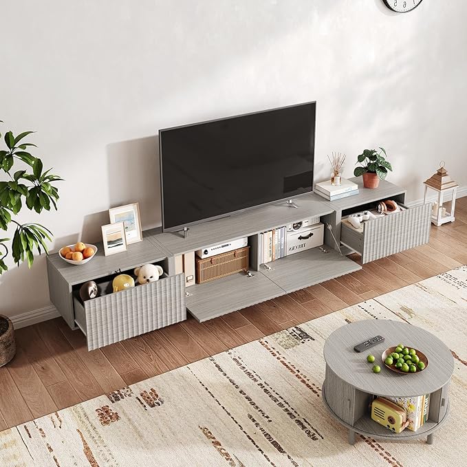 98" TV Stand for Living Room, Modern Entertainment Center with Drawers & Storage Compartments, Large TV Console Fits 55”-95” TVs, Square Top with Grooved Drawer Fronts & Stable Base,Grey