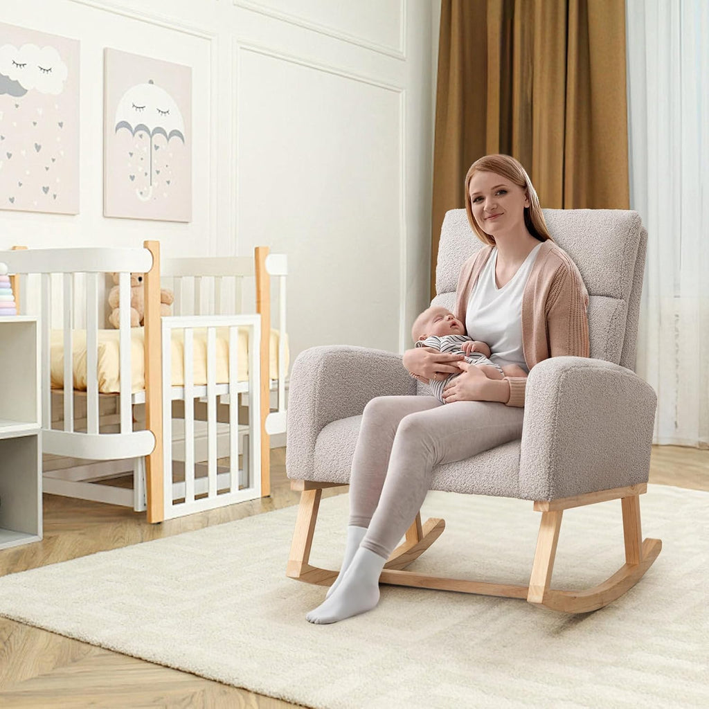 HCHAIRH Rocking Chair Nursery, Nursing Rocking Chairs, Upholstered Nursery Glider Rocker for Mom Nursery Morden Rocking Chair with Side Pocket for Living Room,Bedroom, Teddy Light Gray