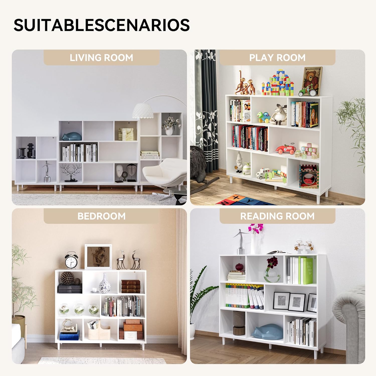 Wood Cube Storage Organizer White Bookshelf - 3-Tier Freestanding Storage Cabinet with Legs for Home Office, 8-Cubes Open Shelf