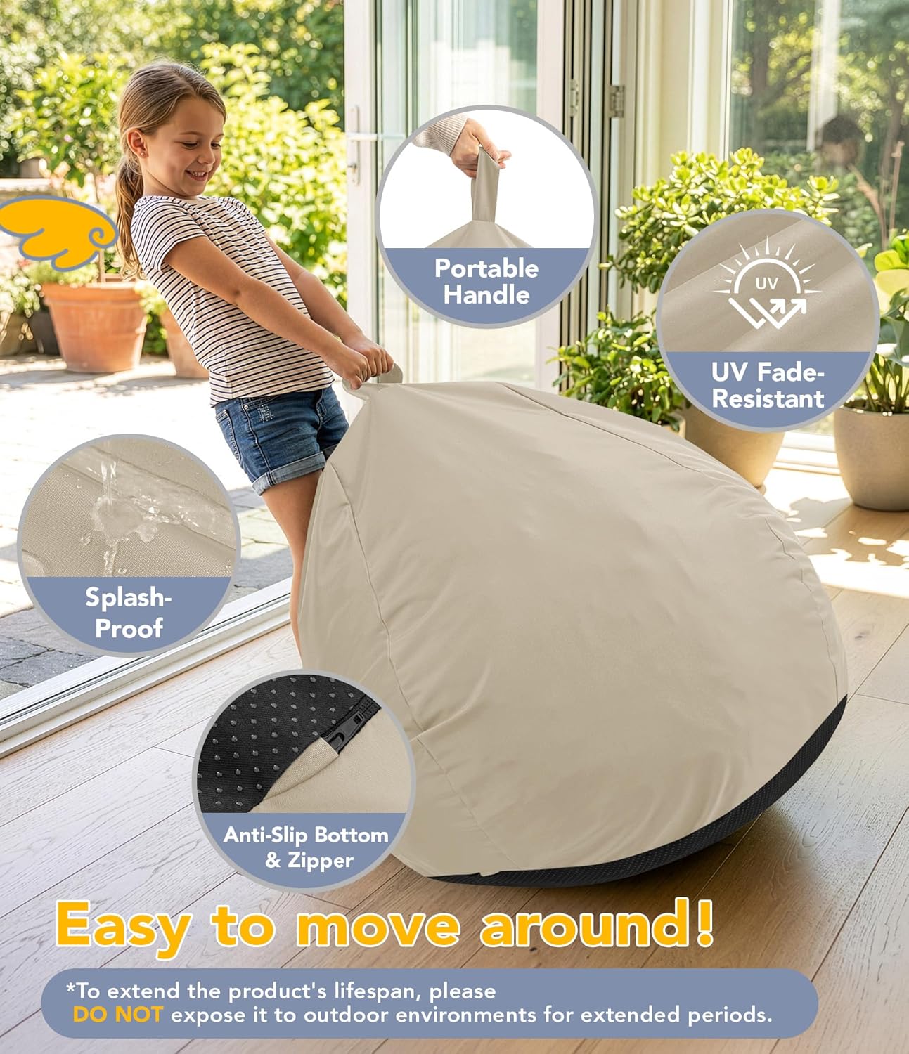 Outdoor Kids Bean Bag Chair with Shredded Foam Filling, Beige | For Patio Classroom Relaxing, Splash-Proof Detachable Zipper Cover with a Handle, Small Child Beanbag Reading Sofa Chair