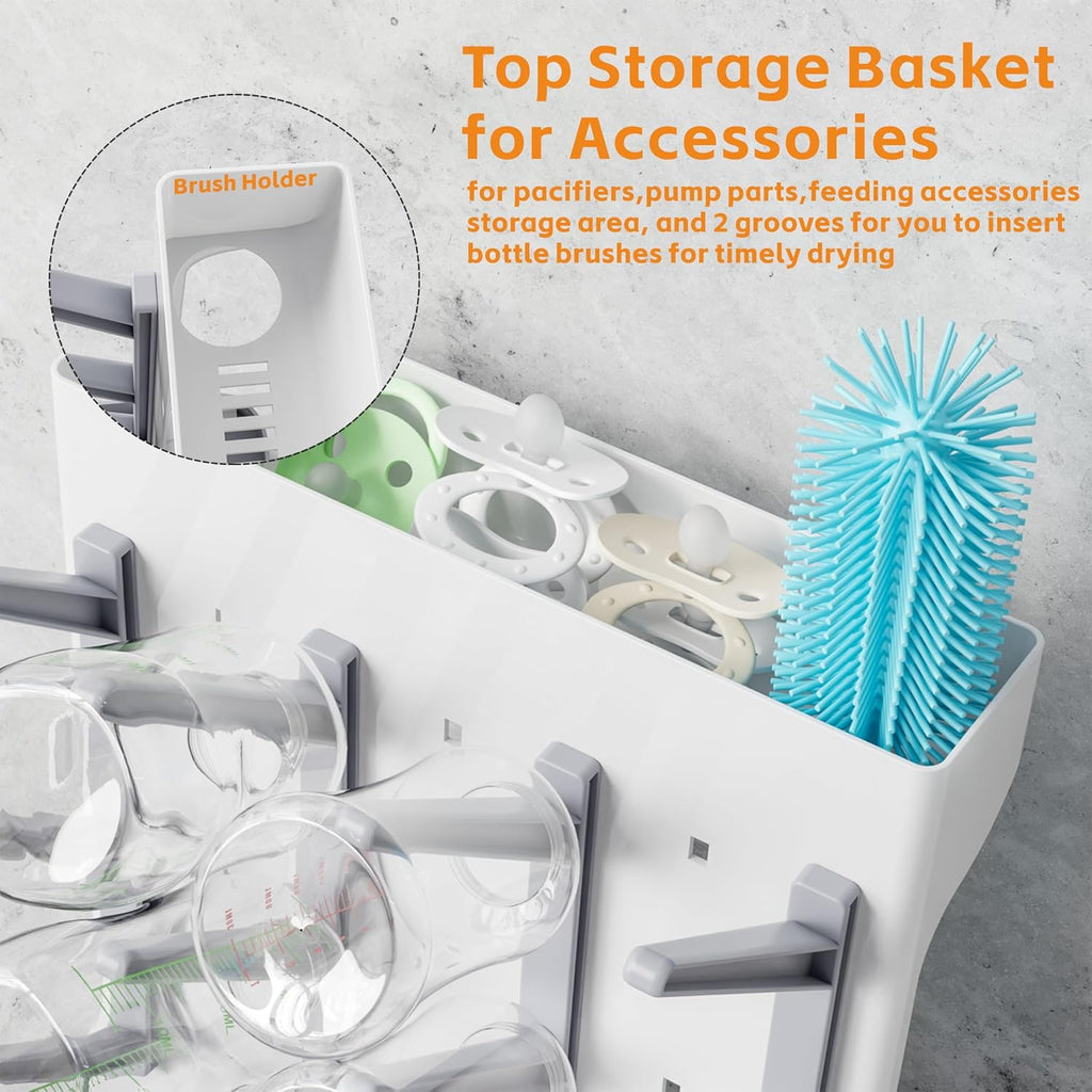 SuoXing Vertical Baby Bottle Drying Rack,Space Saving Countertop Baby Drying Rack for Bottles,Large Baby Bottle Station Stand,Bottle Rack Dryer for Brushes,Pacifiers,Baby Accessories Organizer,Grey