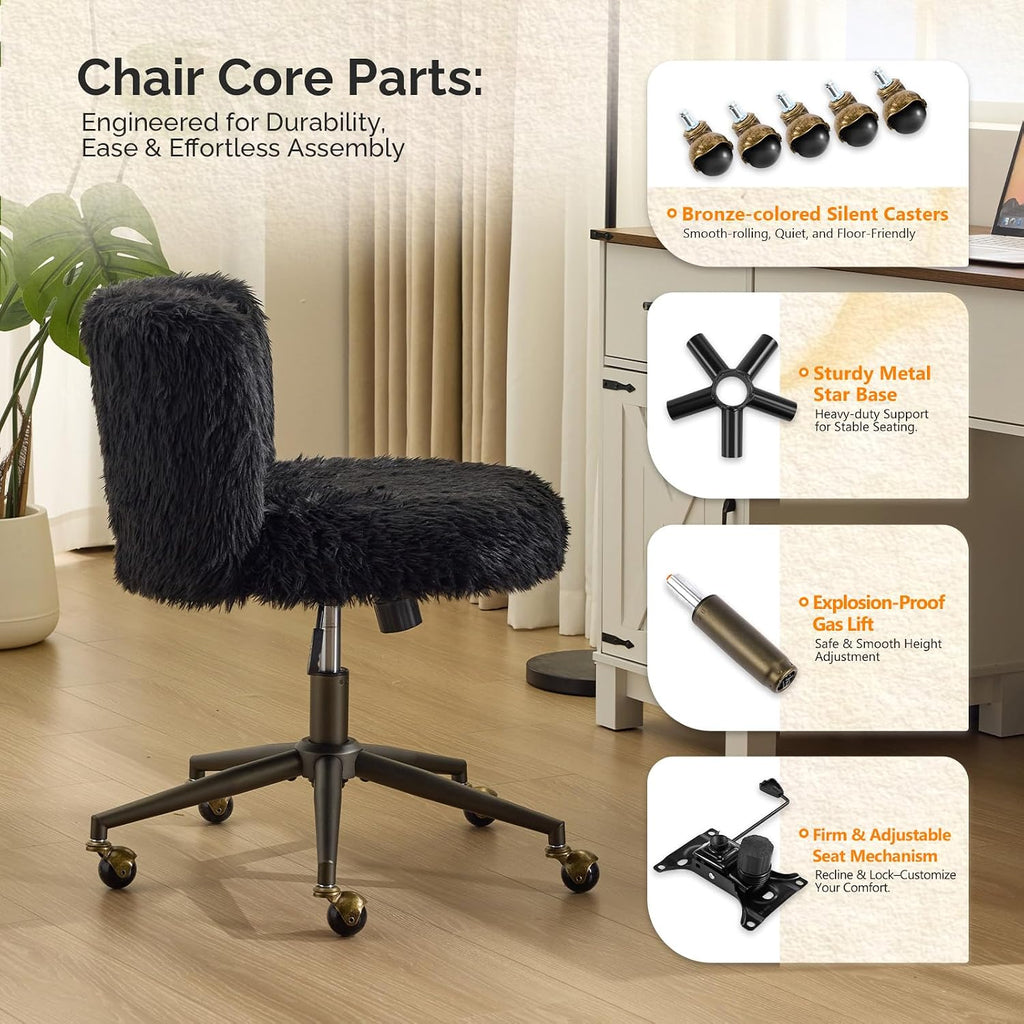 VINGLI Plush Upholstery Vanity Desk Chair with Curved Back & 90-102° Tilt & Adjustable Height, Cute Rolling Chair with Bronze Base & Golden-Bronze 360° Swivel Wheels for Makeup & Home Office, Black