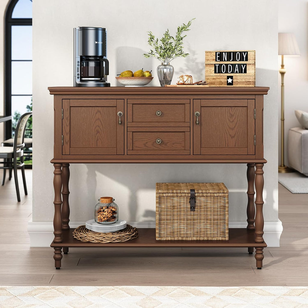 ARTPOWER Console Table with 2 Drawers, Retro Entryway Table with 2 Door | Solid Wood Veneer Entry Table, Behind Couch Sofa Table with Open Storage Shelf for Living Room, Foyer, Hallway