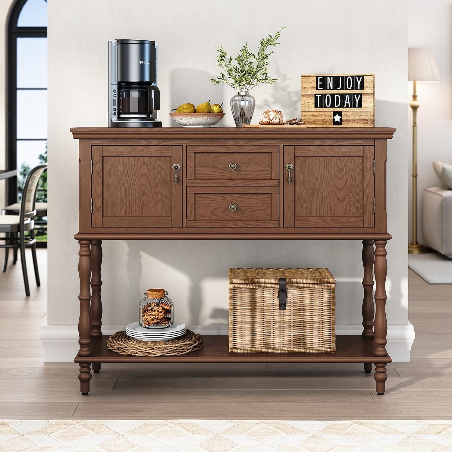 ARTPOWER Console Table with 2 Drawers, Retro Entryway Table with 2 Door | Solid Wood Veneer Entry Table, Behind Couch Sofa Table with Open Storage Shelf for Living Room, Foyer, Hallway