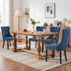 SoarFlash Linen Fabric Dining Chair Set of 2, Upholstered Tufted Dining Room Chair with Nailhead Trim and Solid Light Color Wood Leg for Kitchen (Blue)
