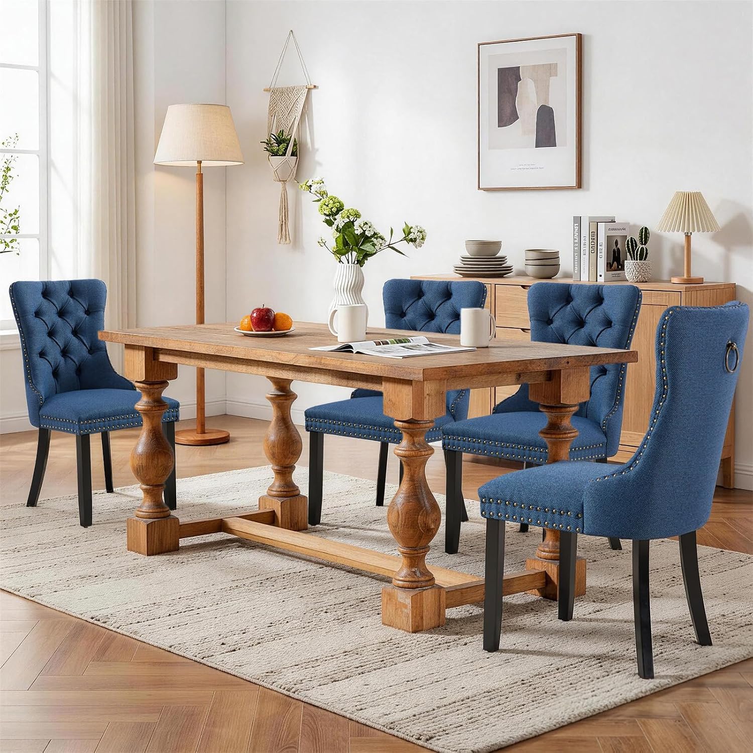 SoarFlash Linen Fabric Dining Chair Set of 2, Upholstered Tufted Dining Room Chair with Nailhead Trim and Solid Light Color Wood Leg for Kitchen (Blue)