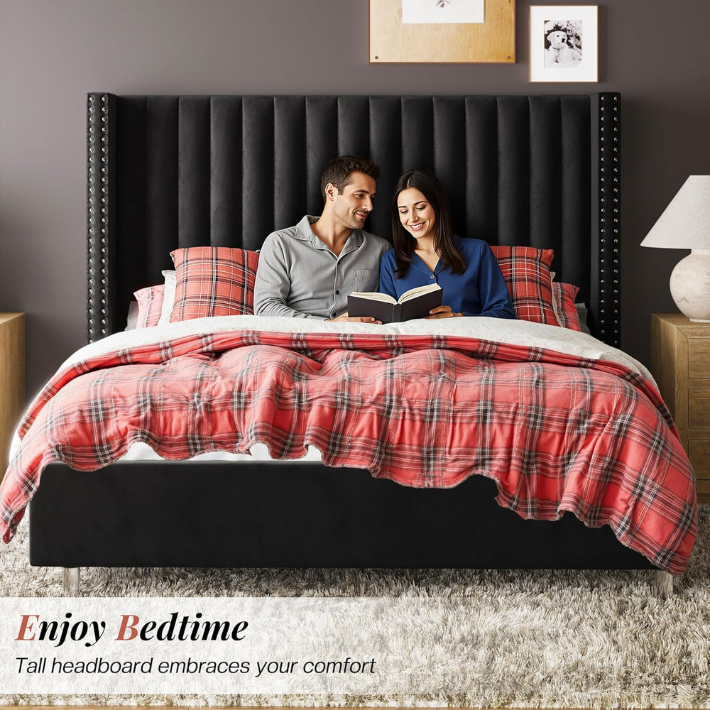 Jocisland Queen Size Bed Frame Velvet Upholstered Wingback Headboard, Black