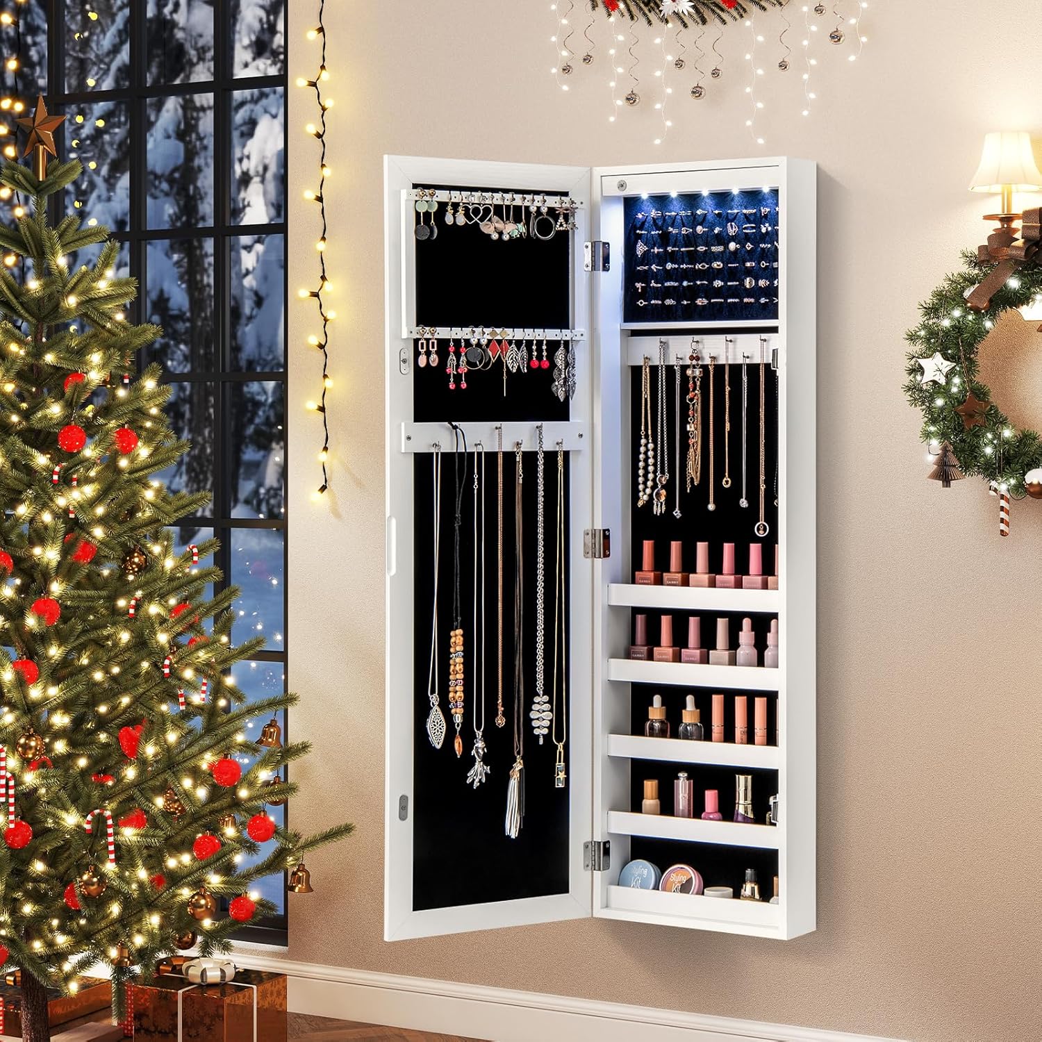 Giantex Wall or Door Mounted Jewelry Cabinet with Full Length Mirror, Over The Door Jewelry Armoire Organizer with Lights, Large Storage with Necklace Hooks, Earring Slots & Shelves (White)