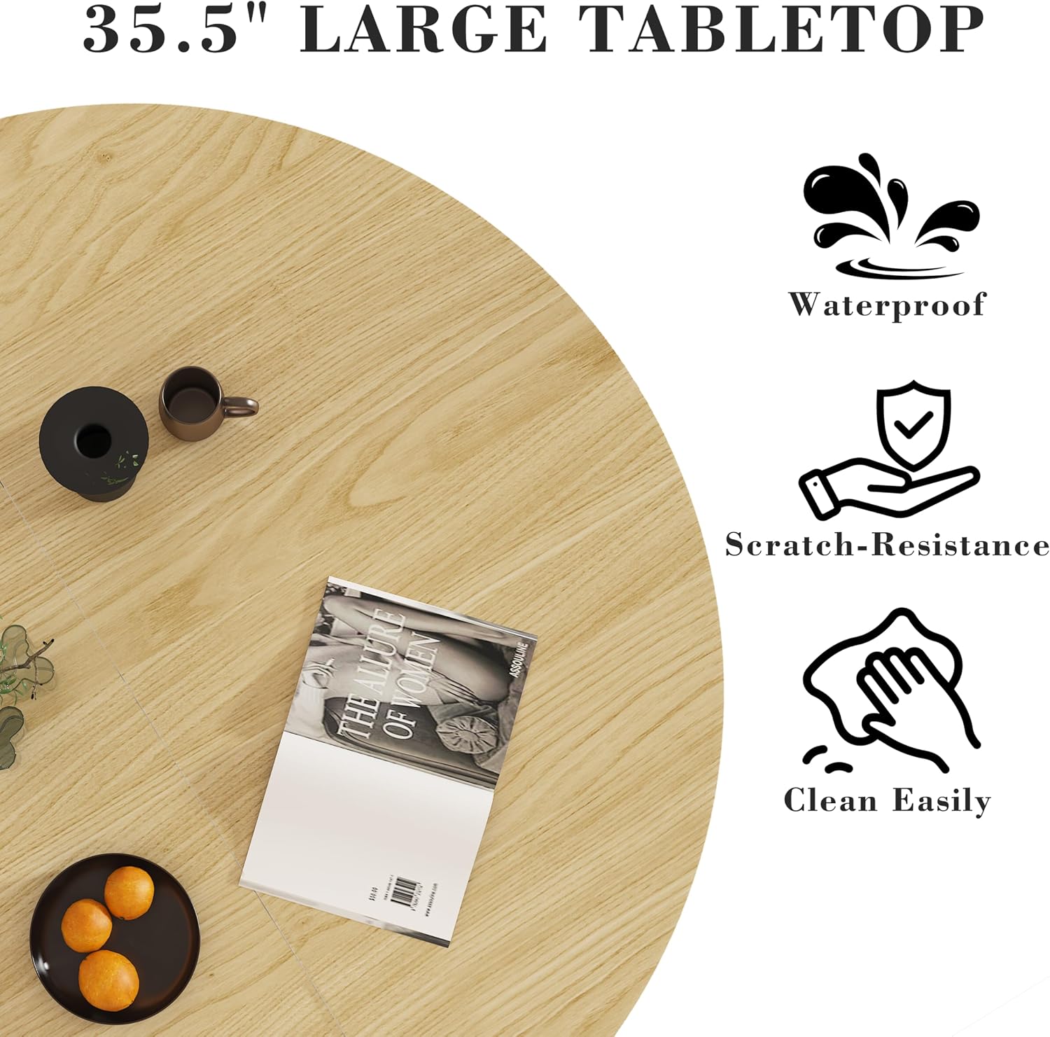 35.5'' Round Pedestal Dining Table, 2-4 Modern Fluted Dining Room Kitchen Table with Storage Shelf, Wood Base Dinner Tables for Kitchen, Breakfast Nook, Small Space, Living Room(Natural)
