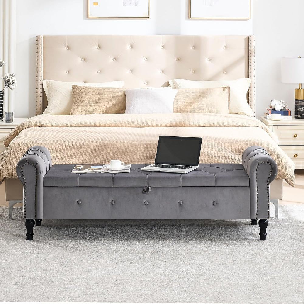 Storage Bench 67" Velvet End of Bed Benches Dark Grey | King Size Storag...