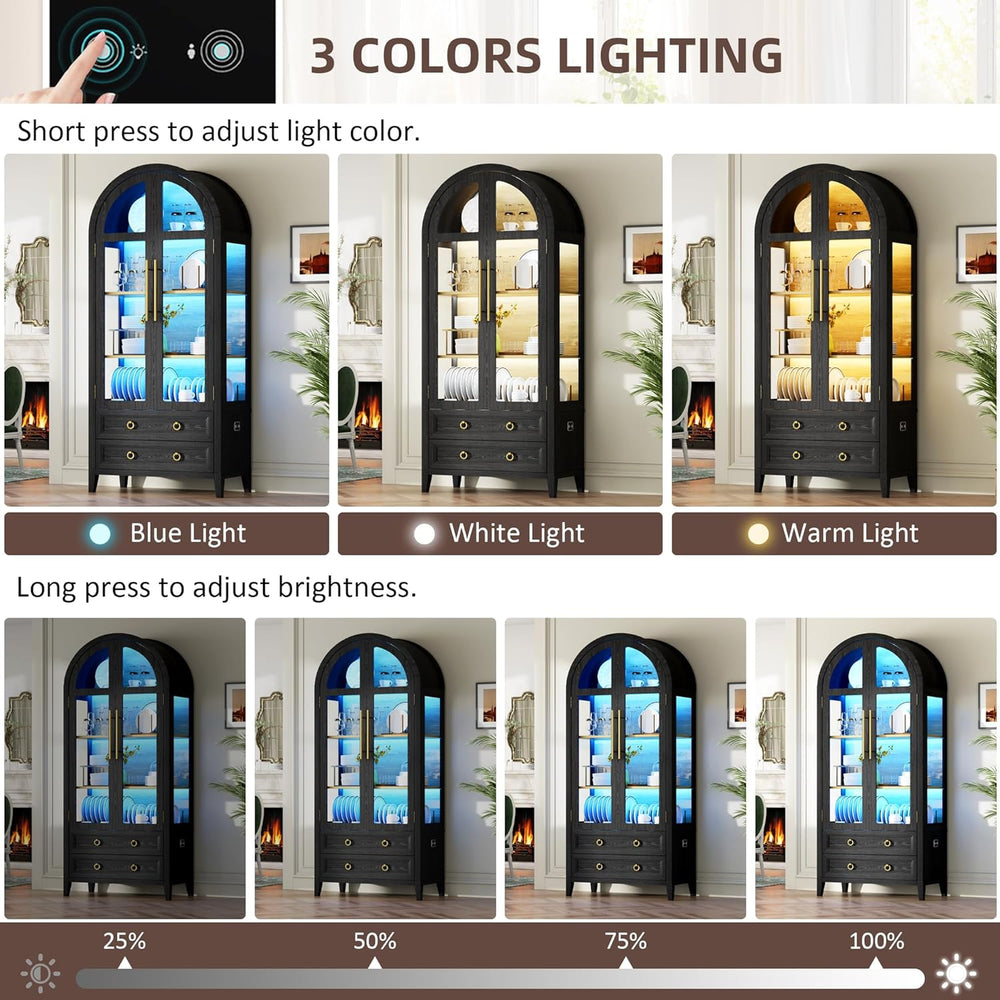 Vlsrka 71" Arched Curio Cabinet with Glass Doors, 4-Shelves Display Cabi...