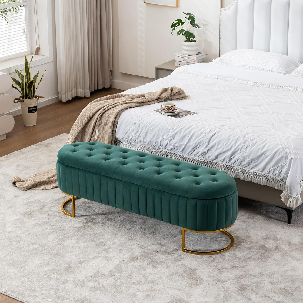 Velvet Storage Bench for Bedroom, Modern Tufted End of Bed Bench for King Siz...