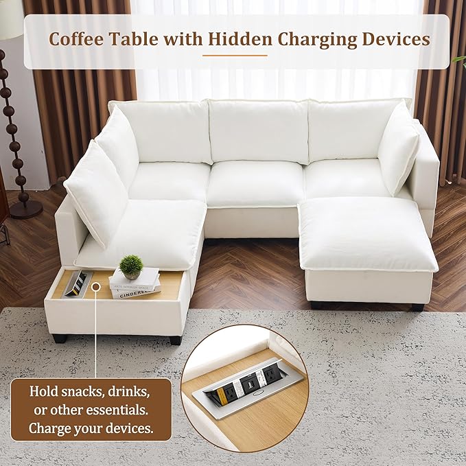 Merax Modern 90" U-Shaped Chenille Sectional Sofa Set, Modular Sofa Couch with a Movable Ottoman, a Coffee Table with Hidden Charging Devices for Living Room, White