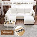 Merax Modern 90" U-Shaped Chenille Sectional Sofa Set, Modular Sofa Couch with a Movable Ottoman, a Coffee Table with Hidden Charging Devices for Living Room, White