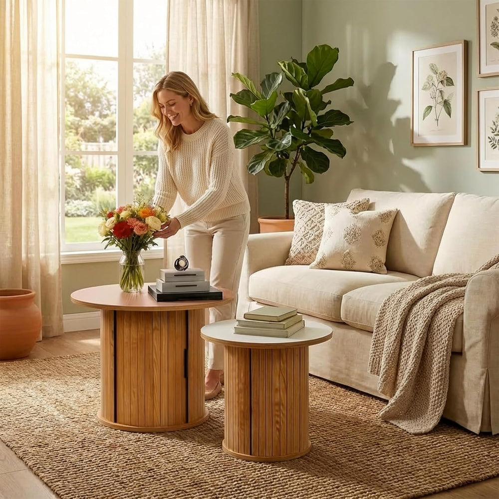 Modern Walnut End Table with Storage - Fluted Design Living Room Accent Table...