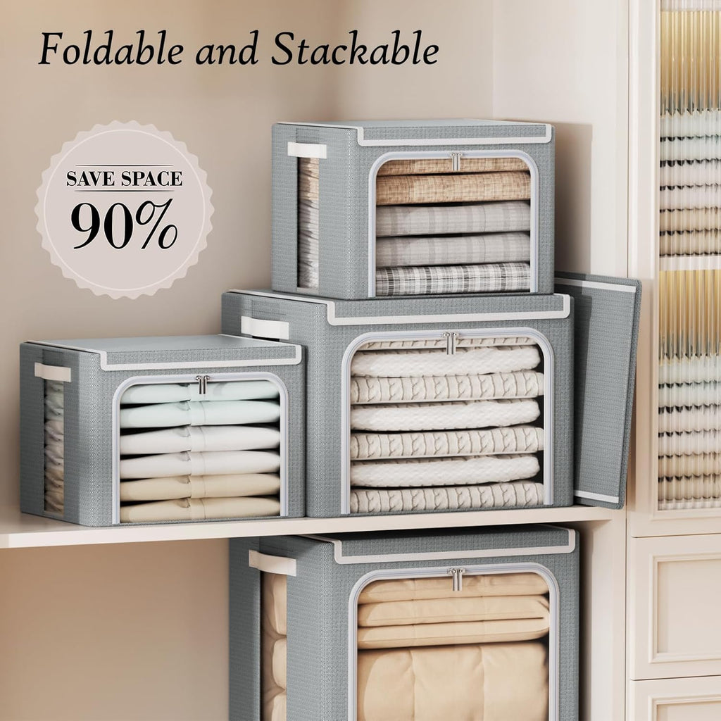Yecaye Clothes Storage Bins with Metal Frame, 40L Foldable Clothing Storage Bins with Lid, Stackable Zippered Clothes Storage Bags, Oxford Fabric Organizer Box With Clear Window＆ PU Leather Handles