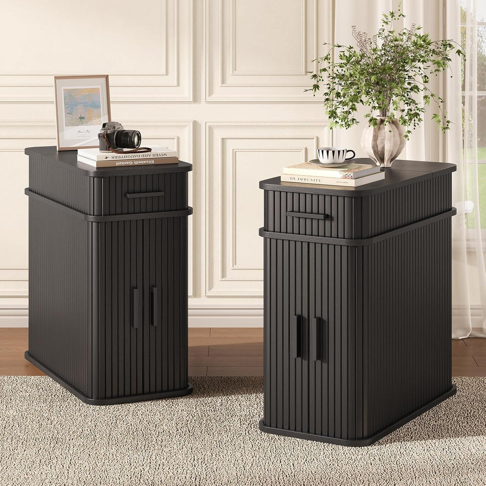 Side End Table with Charging Station, Slim Nightstand with Drawer, Mid-Centur...