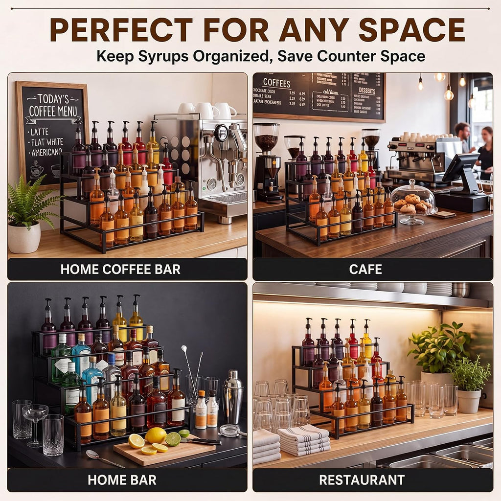 Flutesan Expandable 4-Tier Coffee Syrup Organizer 12.2-20.5 Inch Heavy Duty Coffee Syrup Rack for 12-24 Bottles Width Adjustable Liquor Bottle Display Shelf Bottles Holder Stand for Bar Accessories