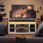 WLIVE Farmhouse TV Stand for TVs Up to 65 Inches, Tall Entertainment Center with Storage Cabinets & LED Lights, Media Console for Living Room, Bedroom, Home Theater, White