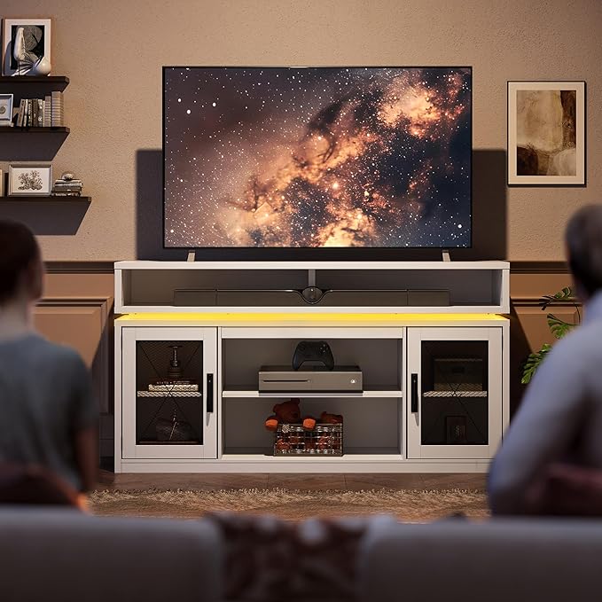 WLIVE Farmhouse TV Stand for TVs Up to 65 Inches, Tall Entertainment Center with Storage Cabinets & LED Lights, Media Console for Living Room, Bedroom, Home Theater, White
