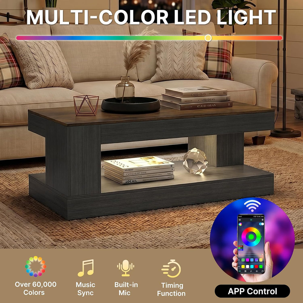 Miereirl Farmhouse Coffee Table with Storage Shelf, 2-Tier Wood Rustic Center...
