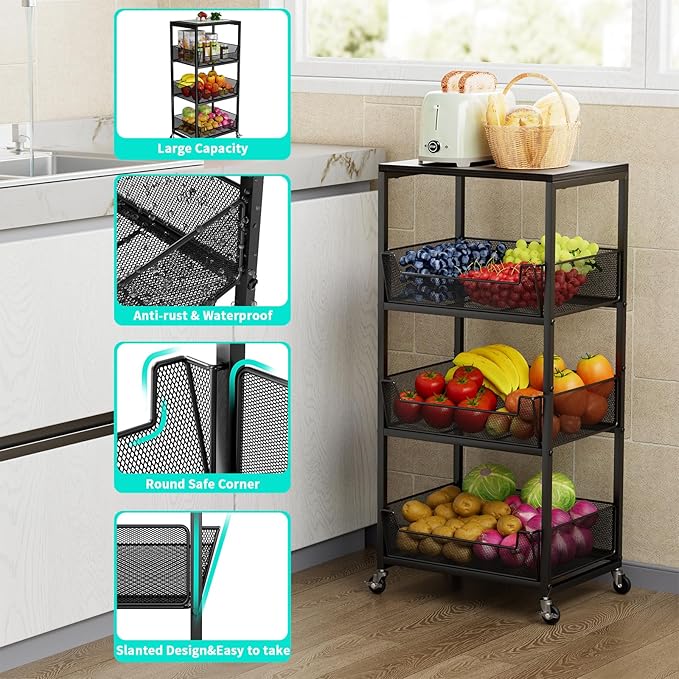 HapiRm Fruit Basket Kitchen Cart - 4-Tier Rolling Storage Cart with Wheels, Fruit Vegetable Basket with Wood Top, Pantry Utility Kitchen Organizer for Fruit Potato Onion Vegetable Bread Snack
