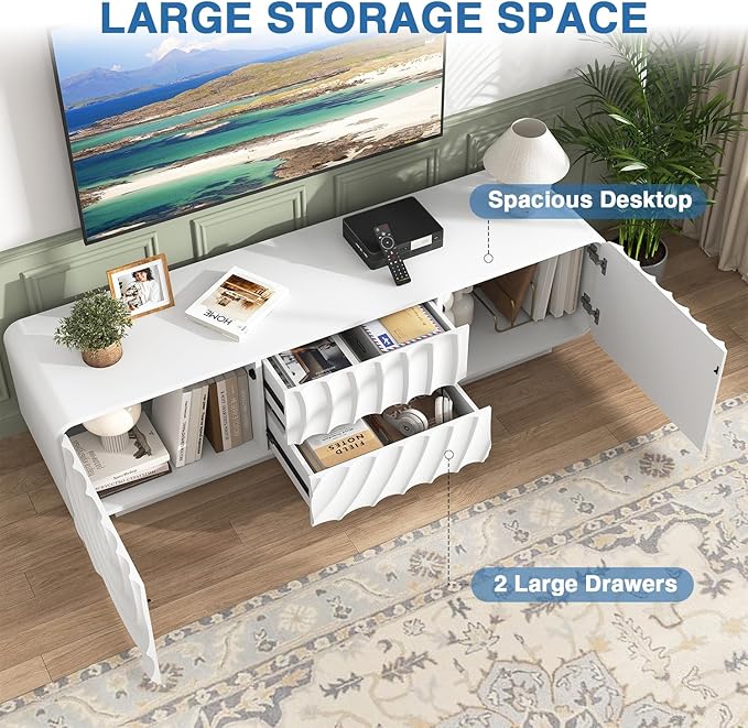58'' Modern Spiral Wave TV Stand for 65 Inch TV, Media Console with Storage Cabinet & 2 Drawers, Rounded Corner Entertainment Center for Living Room Bedroom (White)