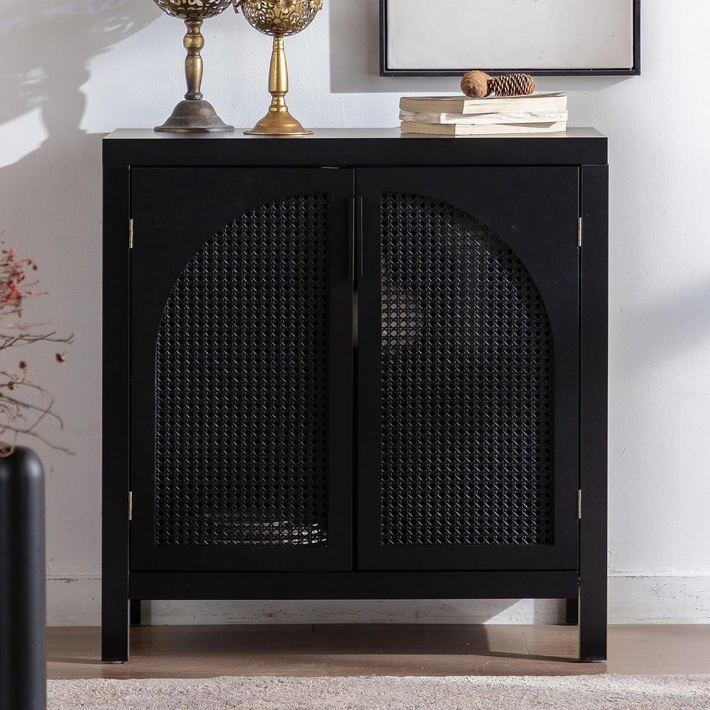 Black 28.94“W Buffet Cabinet with Storage, Accent Sideboard with Rattan Doors...