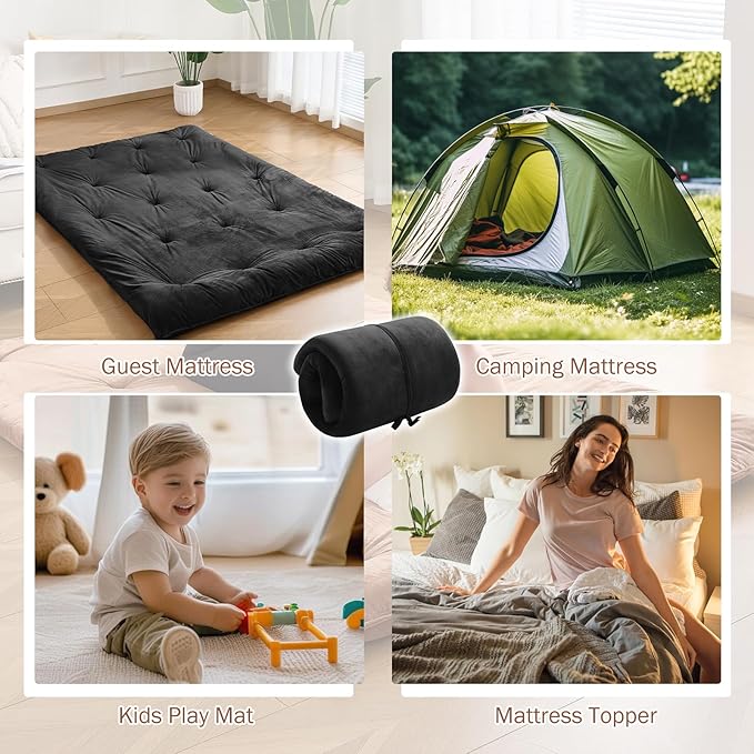Japanese Floor Futon Mattress Twin Size 38"x 80", 2.5'' Thick Foldable Roll Up Floor Bed Sleeping Pad, 25D Foam Filled Tatami Mat with Straps for Guest Room, Dormitory & Camping, Black